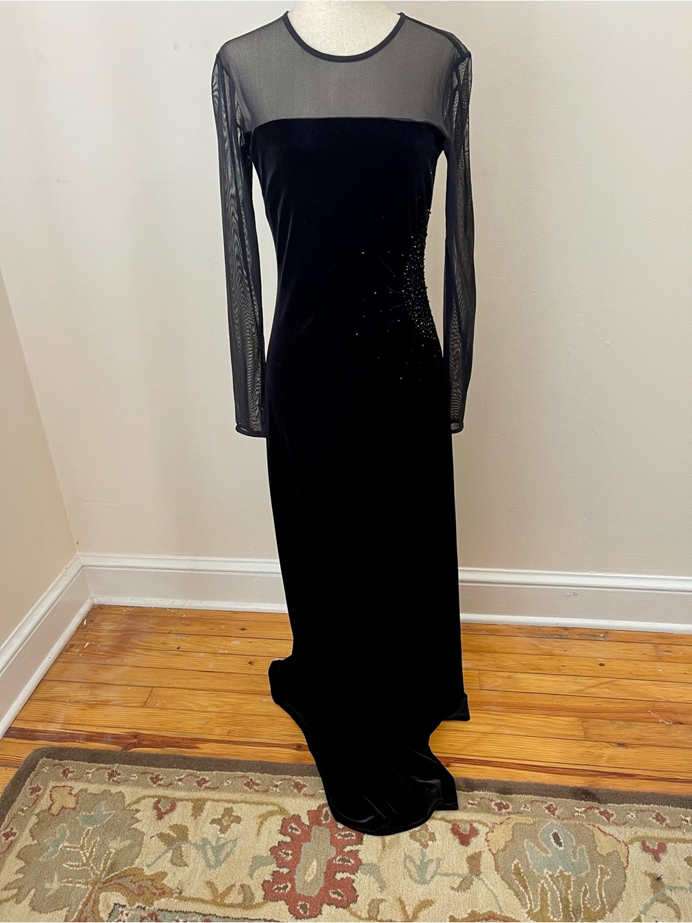 Talbots Petites Black Velvet Beaded Mesh Gown Size 6P Formal Maxi Dress
